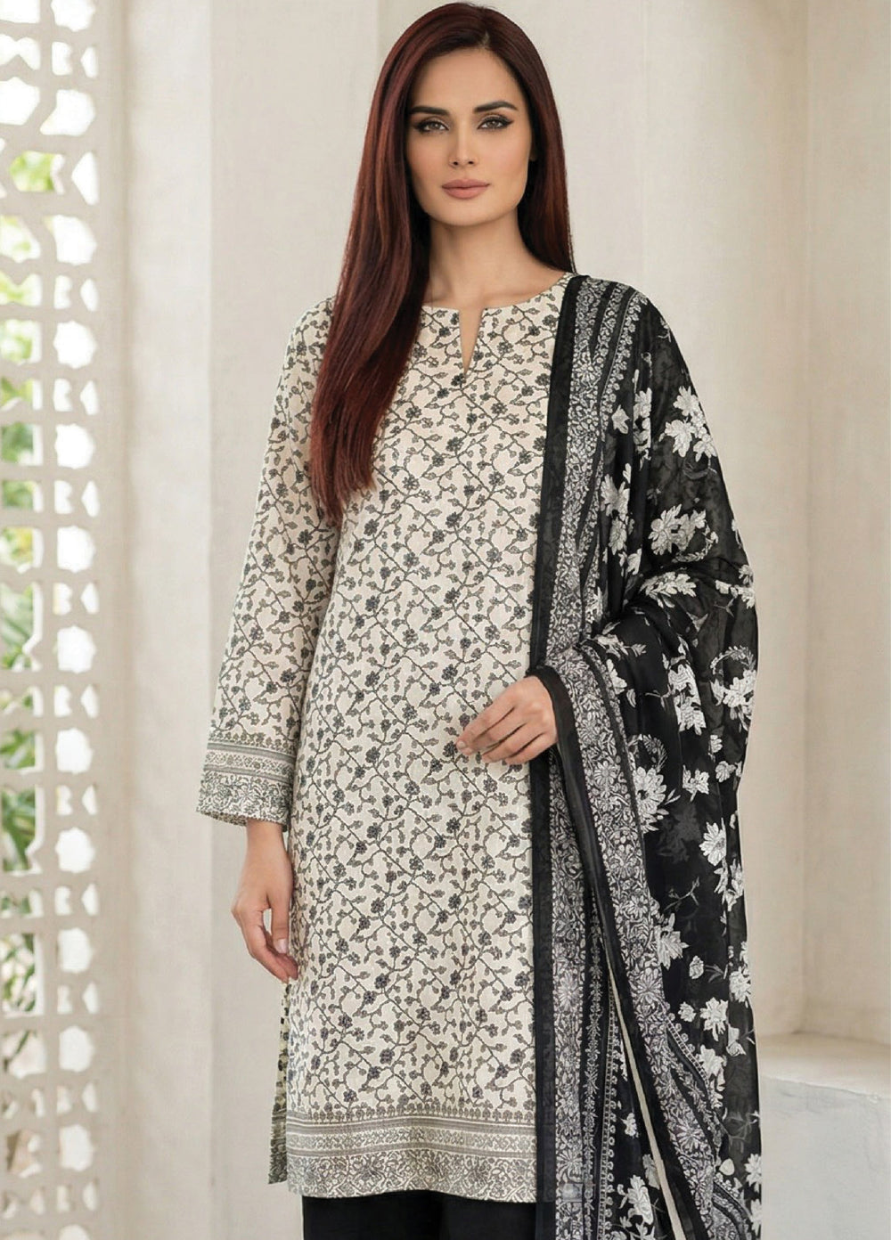 Black N White by Regalia Textiles Unstitched Printed Lawn 3 Piece Suit RG26ULBW D5 - Casual Collection