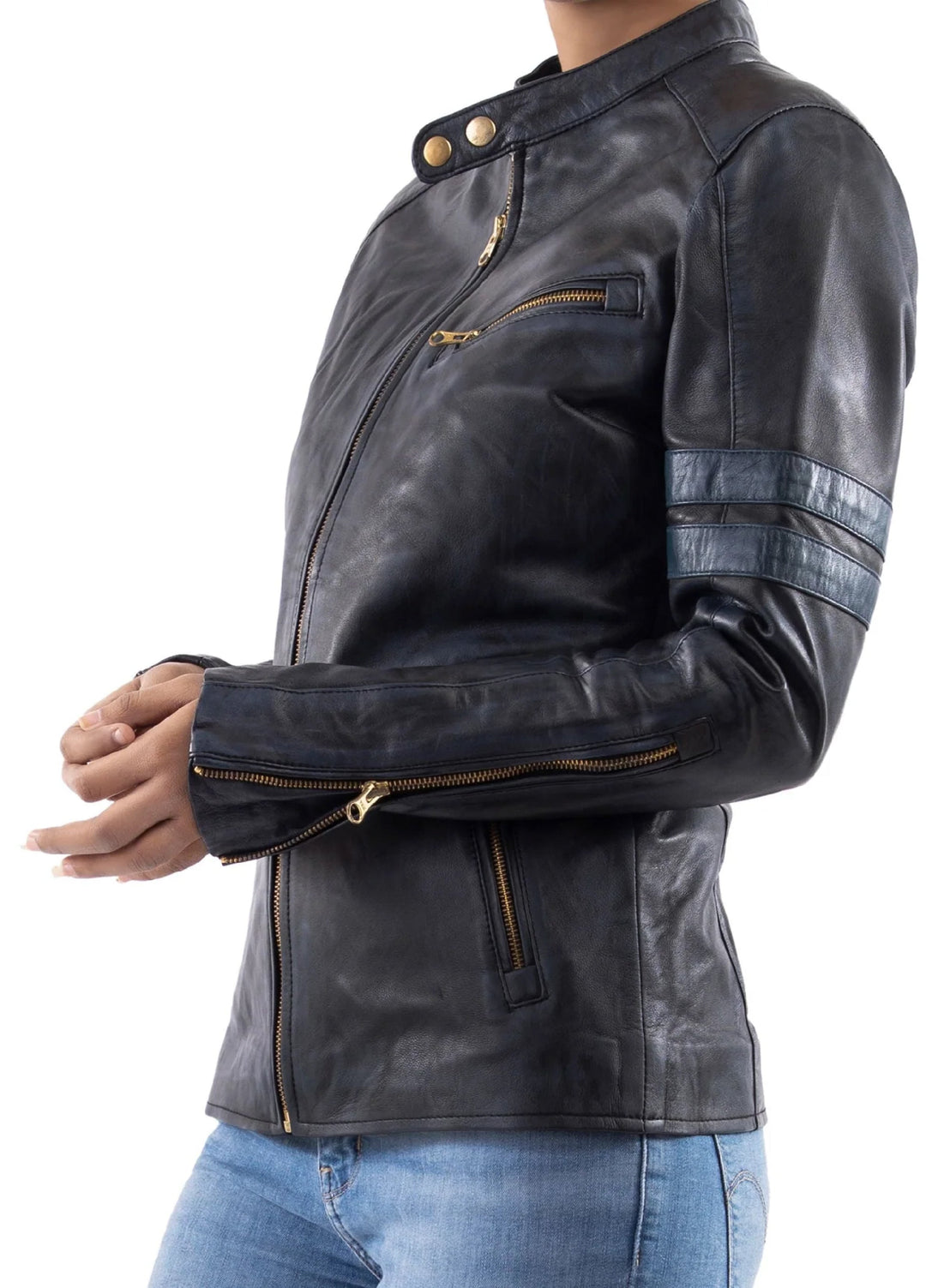 Jild Bomber Jacket Solids Distressed Racer Vintage Leather Jacket Women Blue - Winter Collection