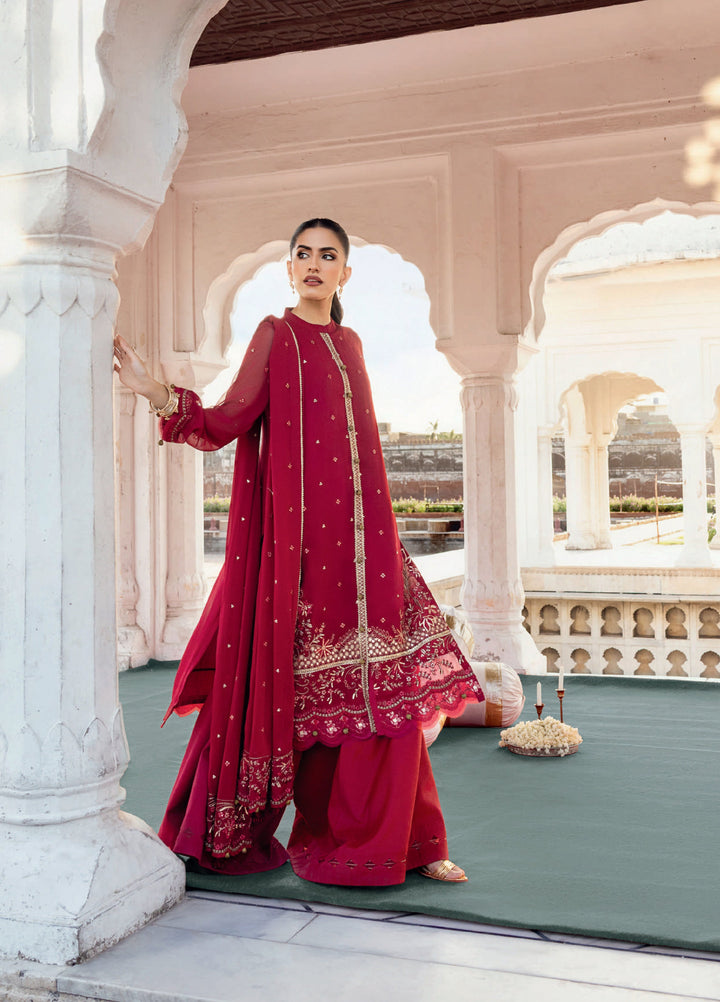 M basics by Maria B Unstitched Chiffon Embroidered Suits 3 Piece MB25WF D-808 Deep Red - Winter Collection