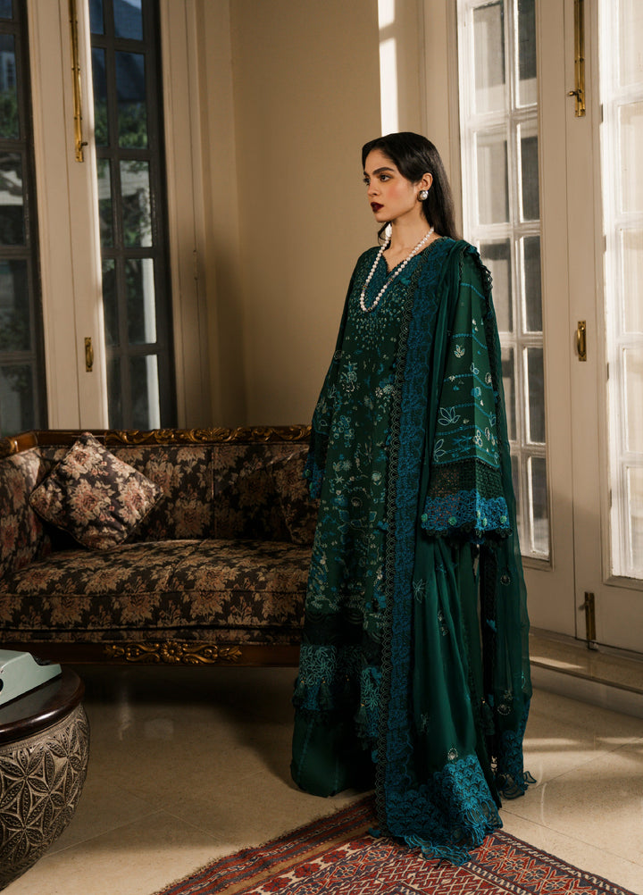 Camelia by Sundas Ahad Unstitched Embroidered Luxury Lawn 3 Piece Suit SNA26UC EL-07 Bottle Green - Festive Collection