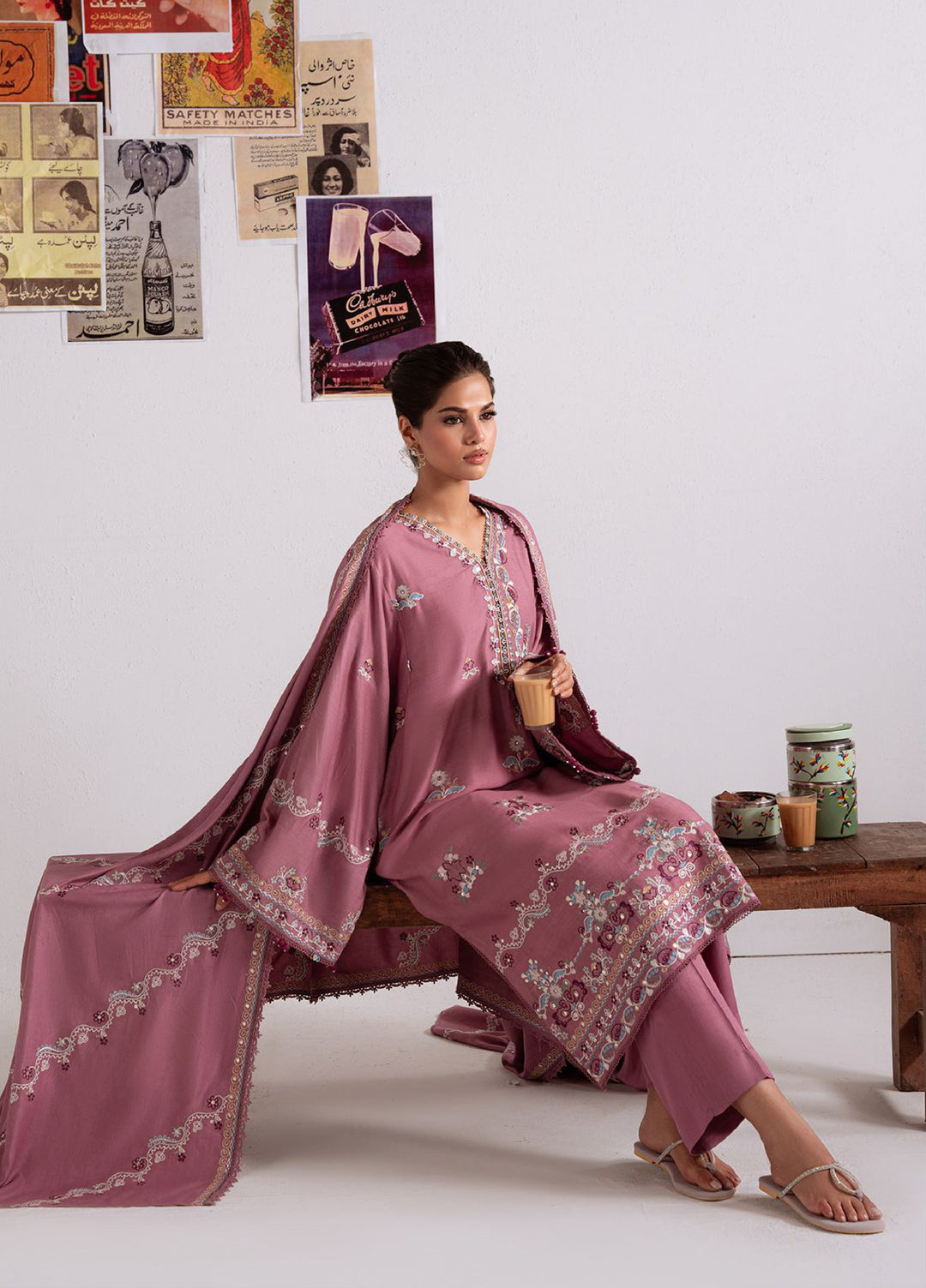 Cross Stitch Unstitched RTS Marina Embroidered Suits 3 Piece CS25MW D-03 Petal Dust - Winter Collection