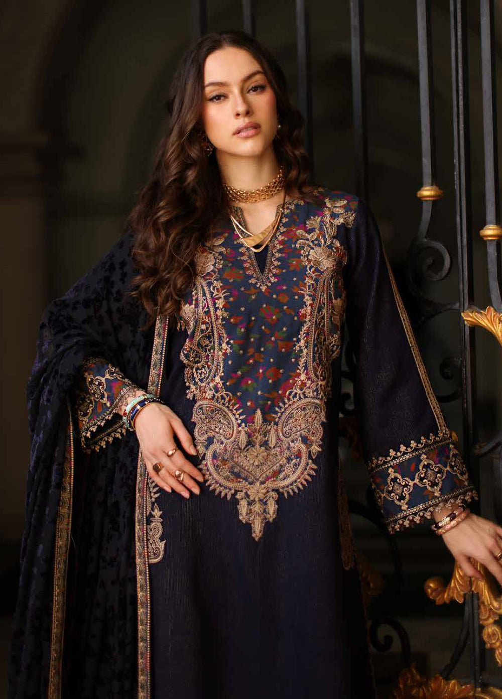 Poshima by Charizma Unstitched Peach Leather Embroidered Suit with Velvet Shawl 3 Piece CRZ25LW PSW5-16 - Winter Collection