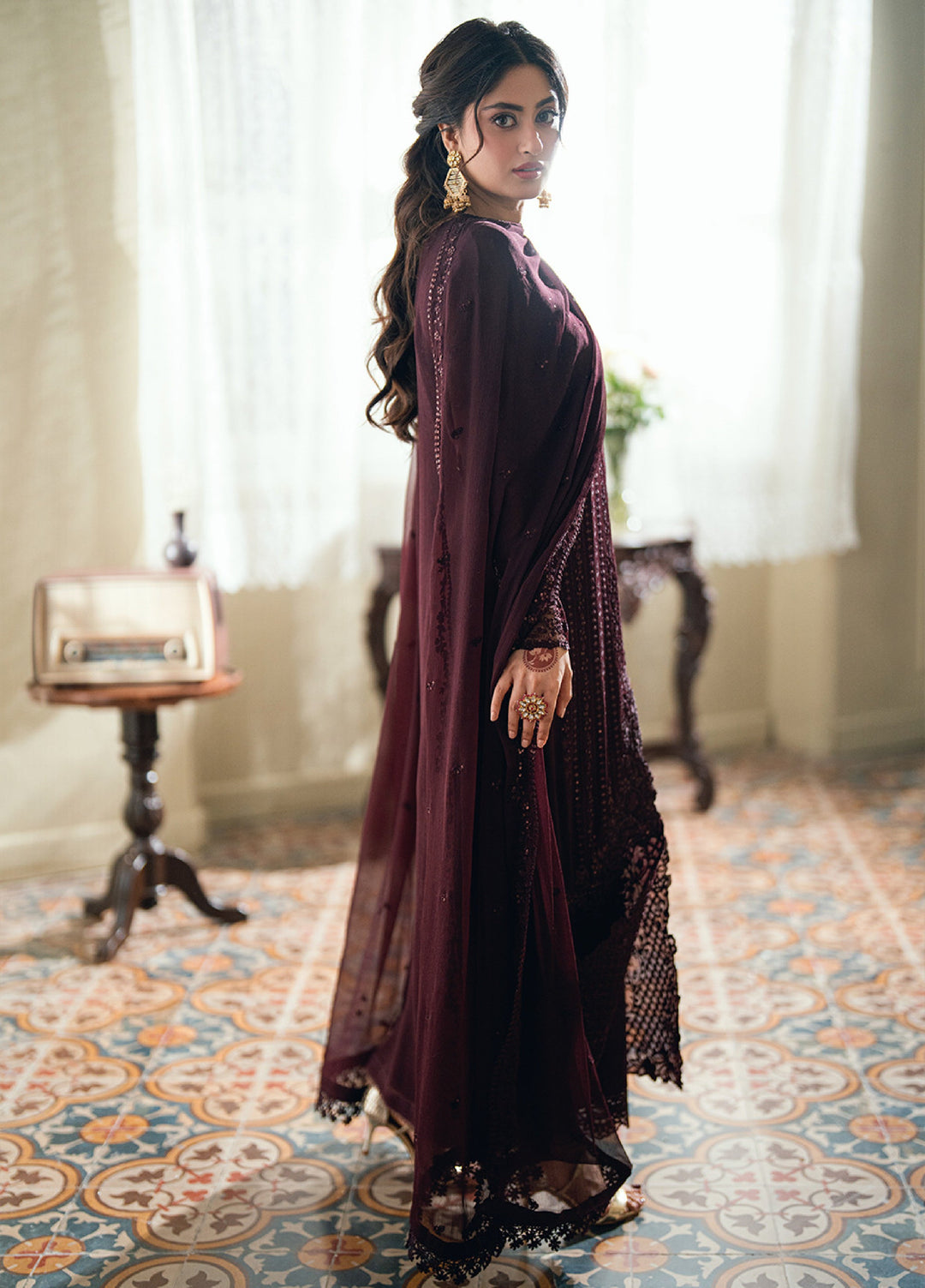 Eid Ensembles by Azure Unstitched Embroidered Chiffon 3 Piece Suit AZ26UEE ES-138 Nectar Rouge - Eid Collection