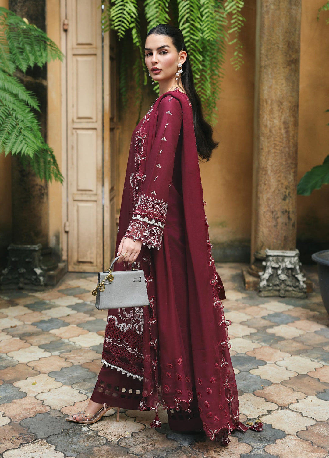 Q Line by Qalamkar Unstitched Chikankari Embroidered Lawn 3 Piece Suit QLK26UQL RP-12 GARNET - Summer Collection