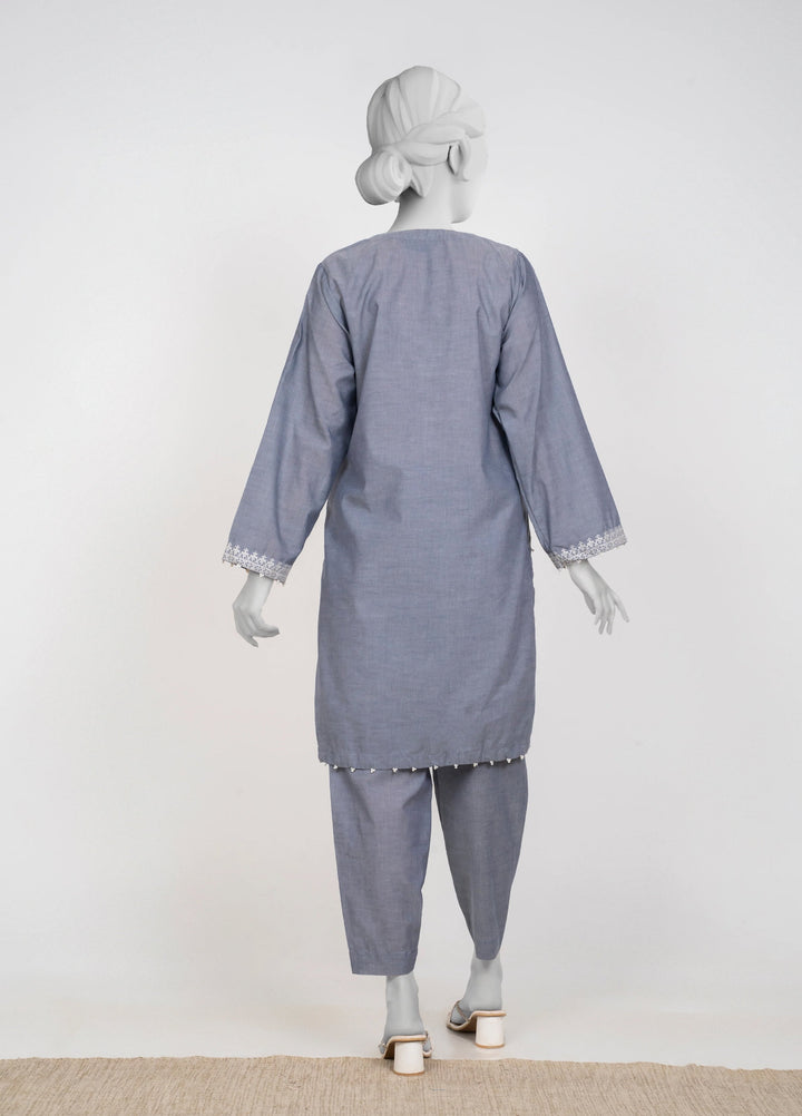 Ayla Studio Women Pret Chambray Solid Embroidered 2-Piece RTW Charcoal - Winter Collection