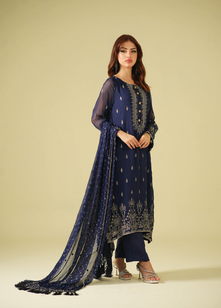 Satrang by Zouj Unstitched Chunri Chiffon Embroidered Suits 3 Piece ZJ25SC ZJCH-0032 Navy Blue - Festive Collection