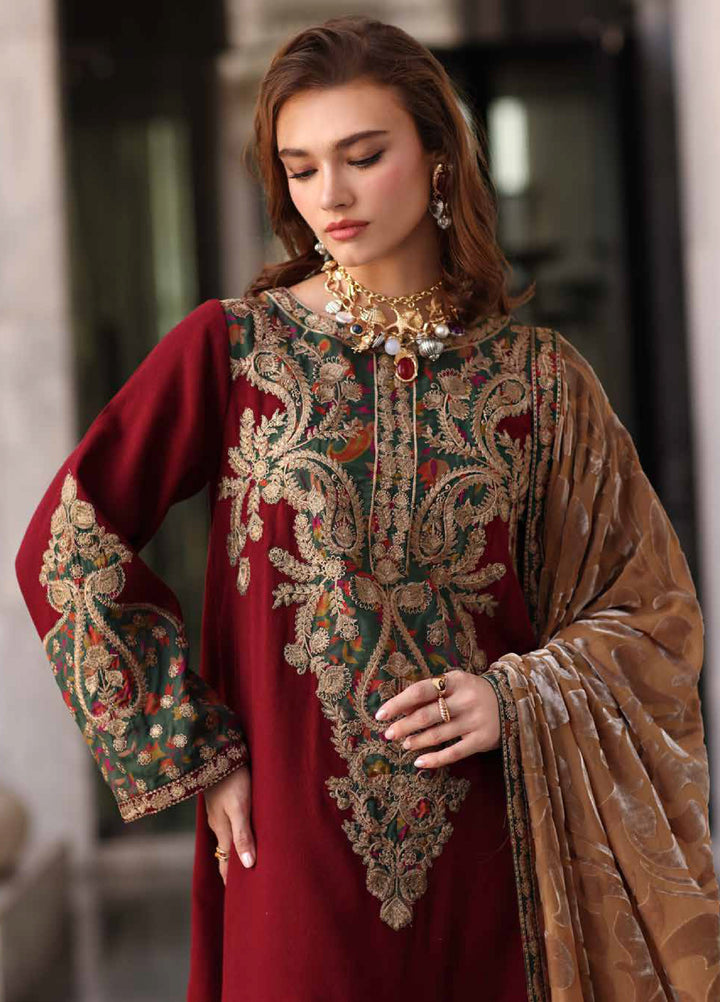 Poshima by Charizma Unstitched Peach Leather Embroidered Suit with Velvet Shawl 3 Piece CRZ25LW PSW5-20 - Winter Collection