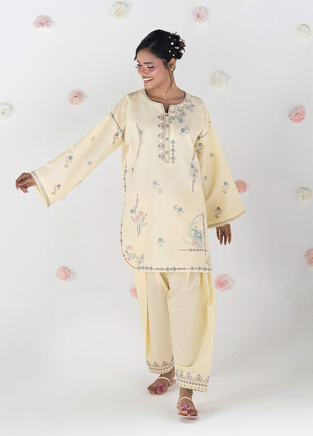 Blush N Bliss by Sahane Women RTW Embroidered Dobby Lawn 2 Piece Suit Honey Butter LP63008 Casual Collection