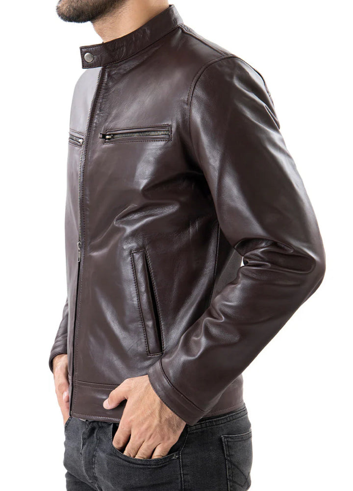 Brown Mens Pure Sheep Leather Zipper Jacket
