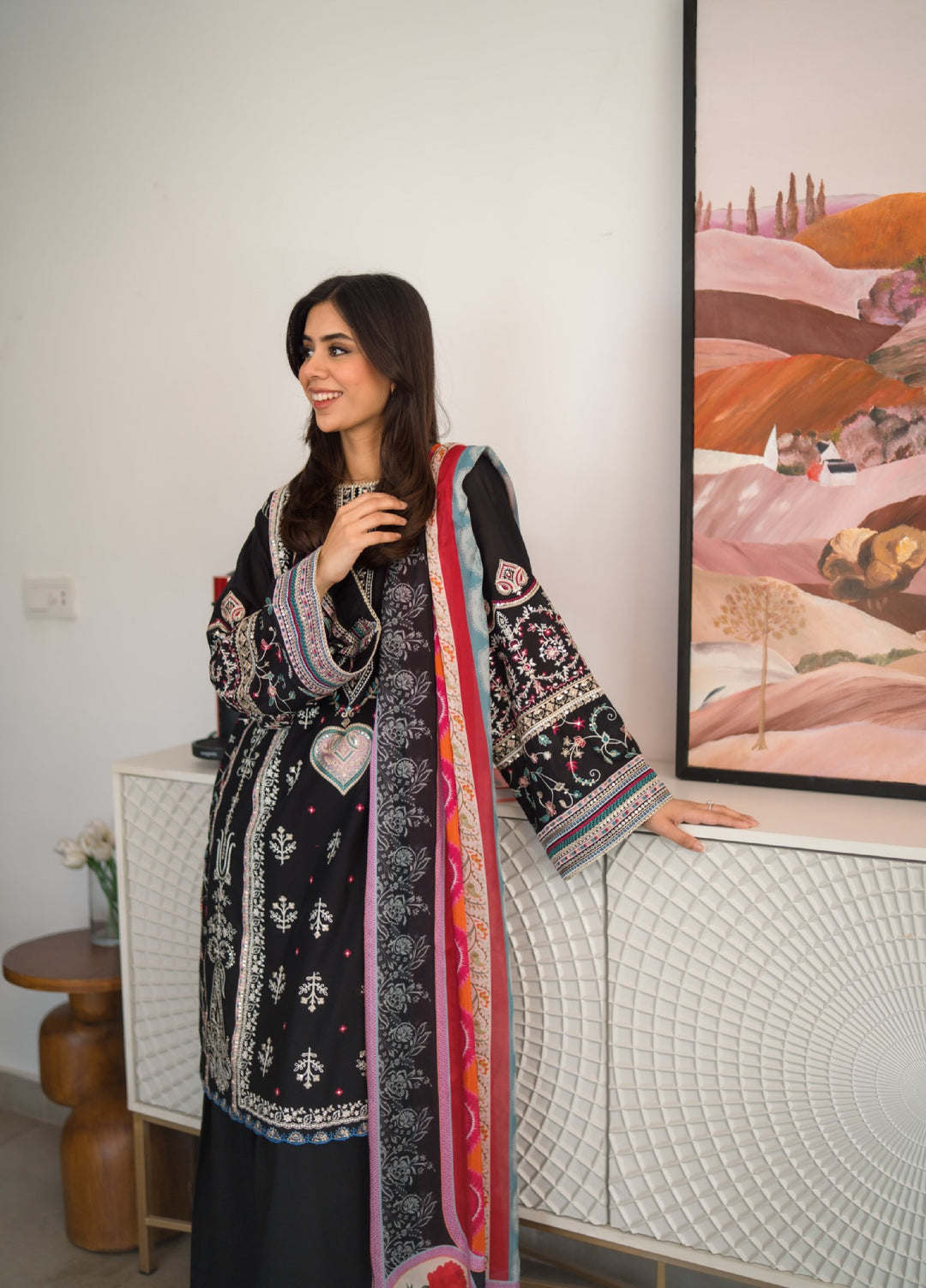 Siraa by Sadaf Fawad Khan Unstitched Embroidered Luxury Lawn 3 Piece Suit SDF26USL Kohl - Festive Collection