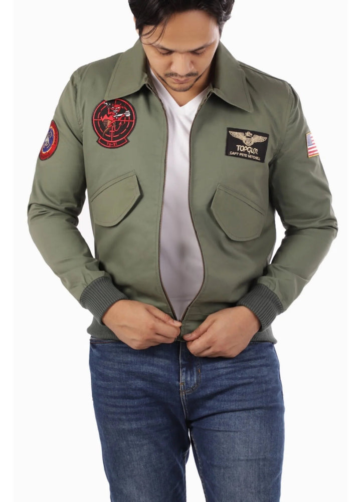 Jild Leathers Top Gun Aviator Jacket-Green - Blazers And Coats Collection