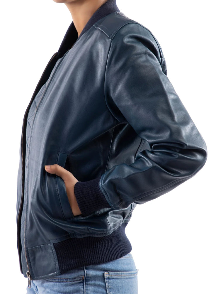 Jild Bomber Jacket Solids Womens Bomber Leather Jacket Blue - Winter Collection