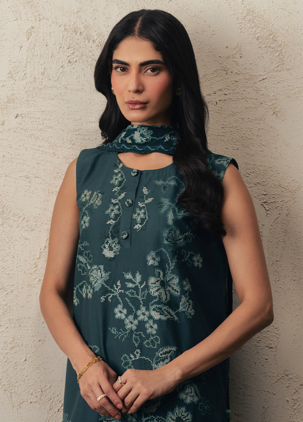 Moonsoon Edit by Cross Stitch Unstitched Embroidered Cambric 3 Piece Suit CS26UCM Emerald Teal - Casual Collection