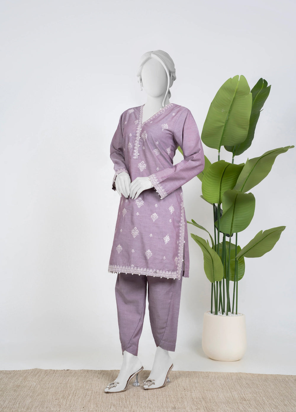 Ayla Studio Women Pret Chambray Solid Embroidered 2-Piece RTW Lilac - Winter Collection