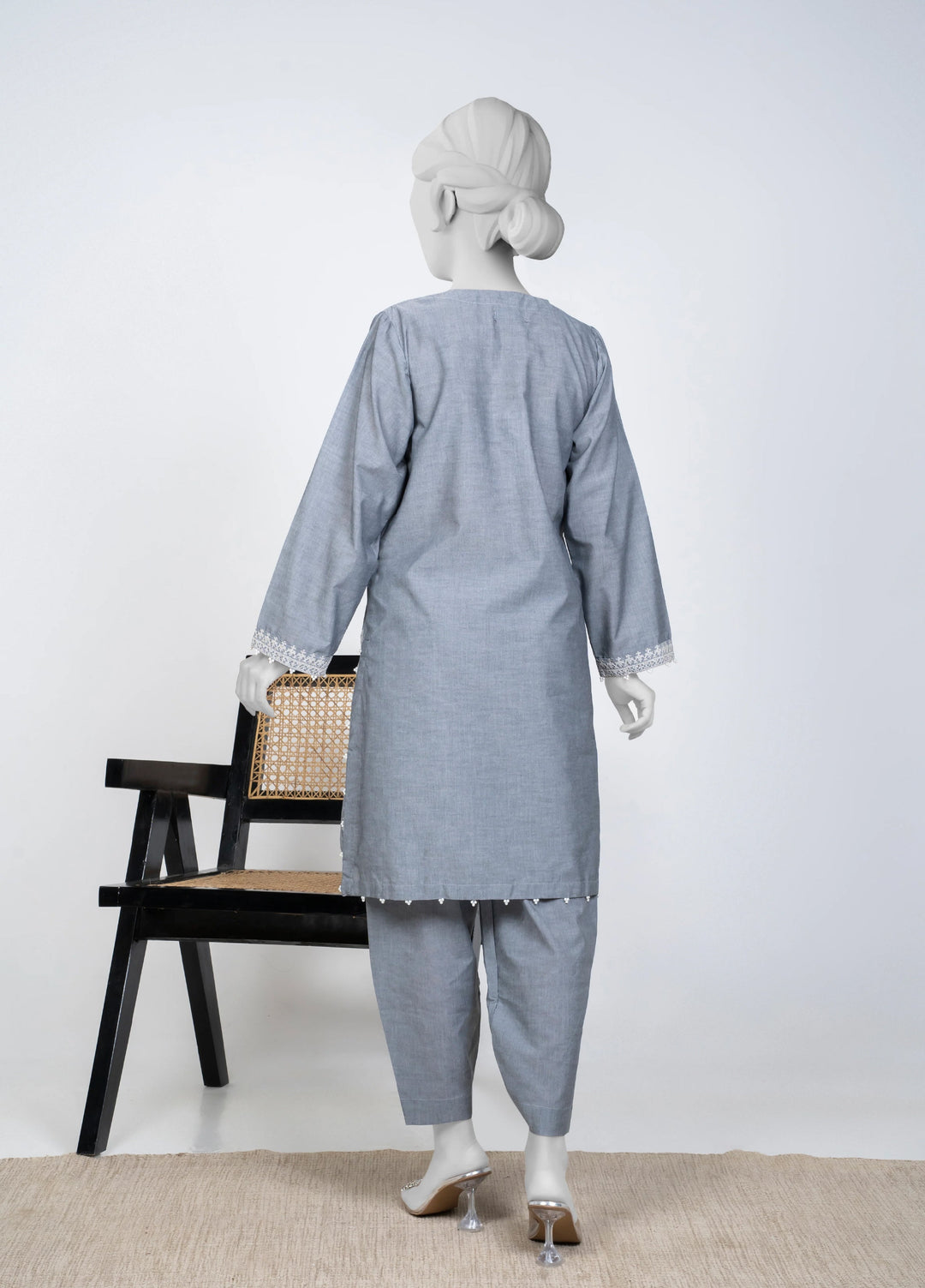 Ayla Studio Women Pret Chambray Solid Embroidered 2-Piece RTW Grey - Winter Collection