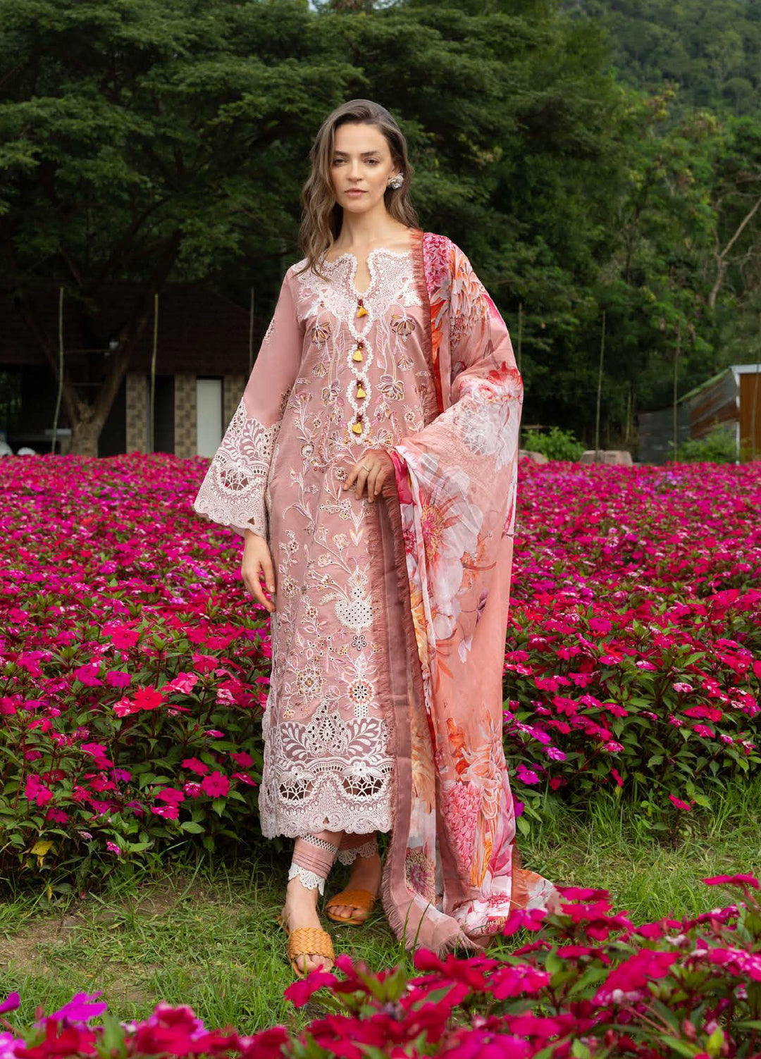 The Secret Garden by Mushq Hemline Unstitched Lawn 3 Piece Suit MU26USG D-16A Peach Blossom - Summer Collection