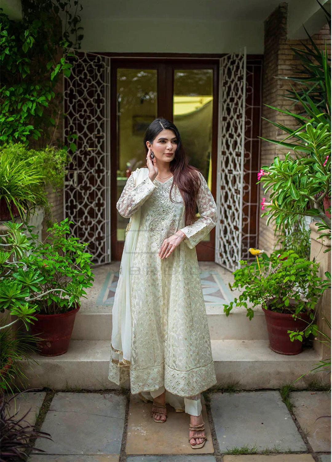 Mona Embroidery Pret Embroidered Chiffon 3 Piece Suit Ornate Blossoms White