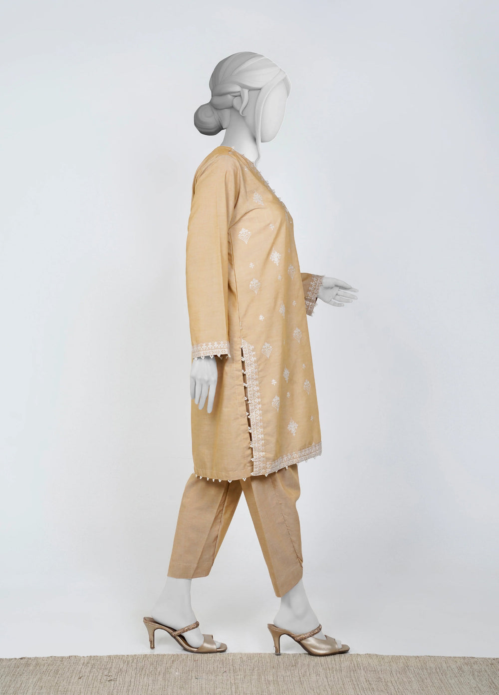 Ayla Studio Women Pret Chambray Solid Embroidered 2-Piece RTW Beige - Winter Collection