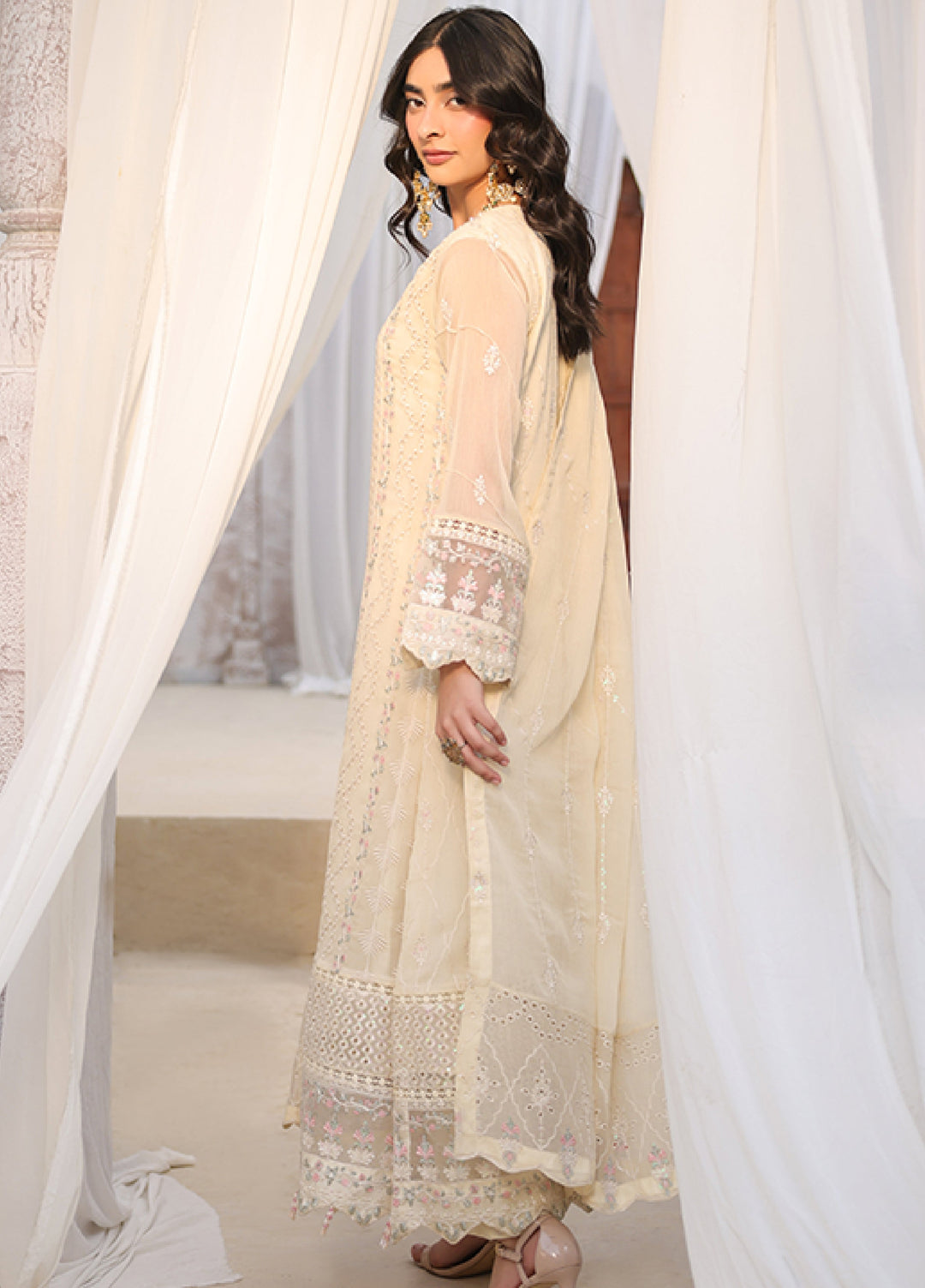 Lamhay by Shamooz Unstitched Embroidered Chiffon 3 Piece Suit SHM26UL Soft Ivory - Festive Collection