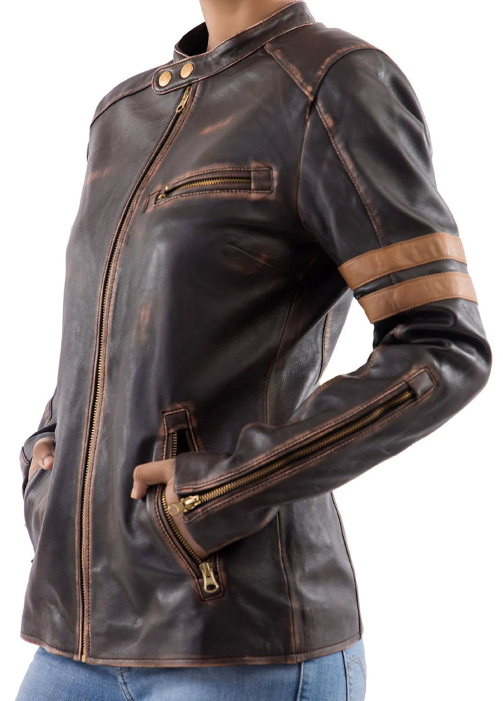 Jild Bomber Jacket Solids Distressed Racer Vintage Leather Jacket Women Brown - Winter Collection