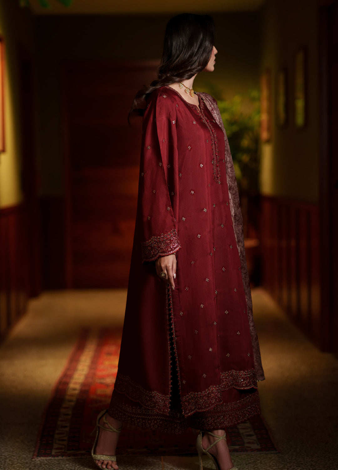 Elara by Casuallite RTW Embroidered Silk Viscose 3 Piece Suit CL26PSE D1 Aurelia Wine - Festive Collection