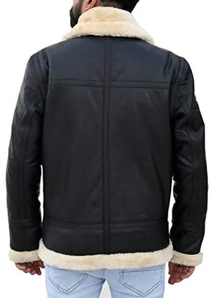 Jild Bomber Jacket Solids Mens Premium Shearling Fur Leather Jacket Black - Winter Collection