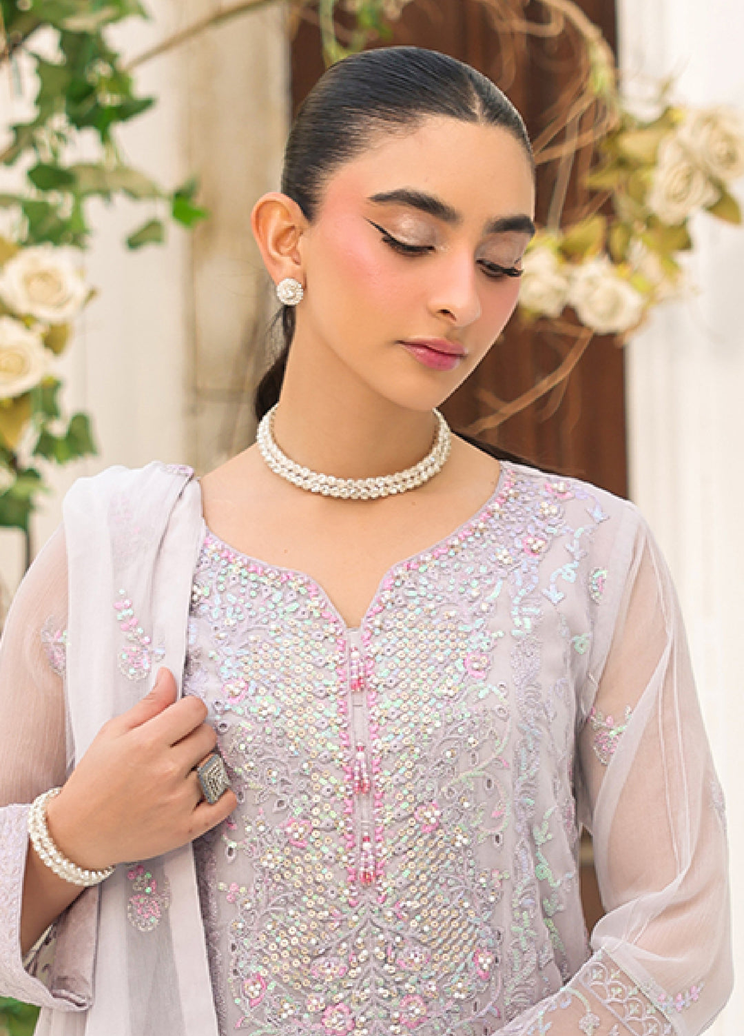 Lamhay by Shamooz Unstitched Embroidered Chiffon 3 Piece Suit SHM26UL Lilac Ash - Festive Collection