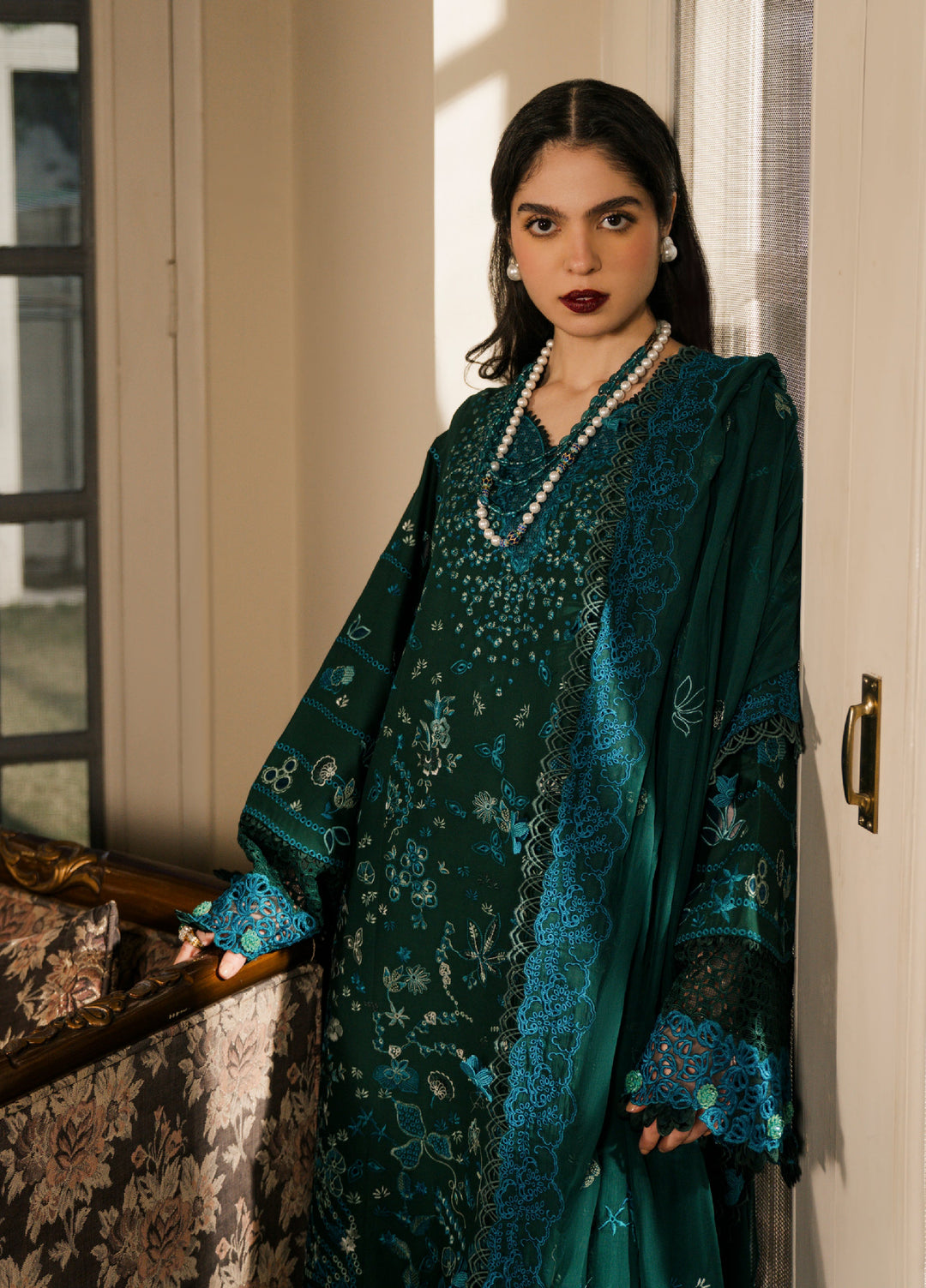 Camelia by Sundas Ahad Unstitched Embroidered Luxury Lawn 3 Piece Suit SNA26UC EL-07 Bottle Green - Festive Collection