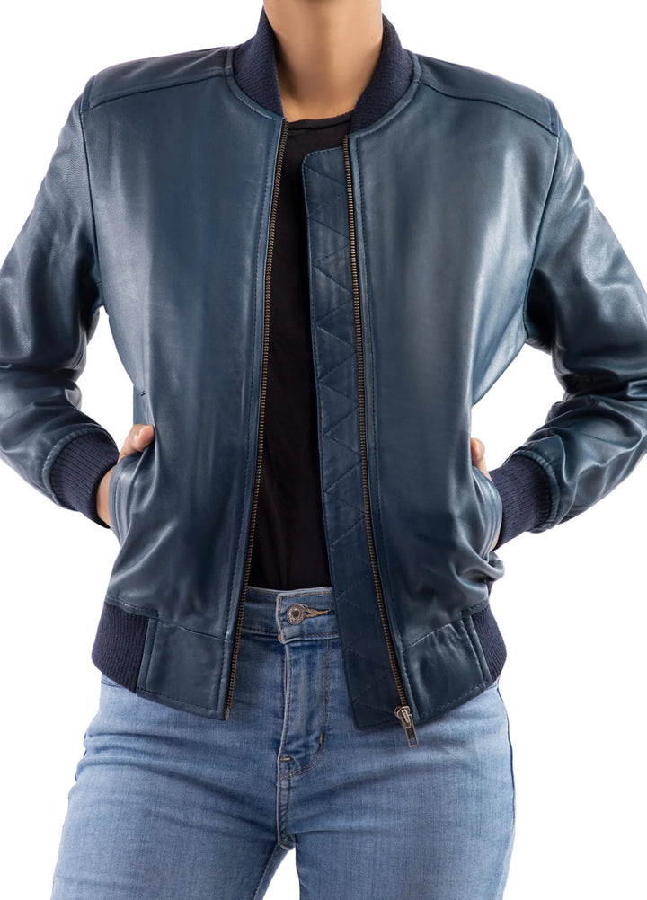 Jild Bomber Jacket Solids Womens Bomber Leather Jacket Blue - Winter Collection