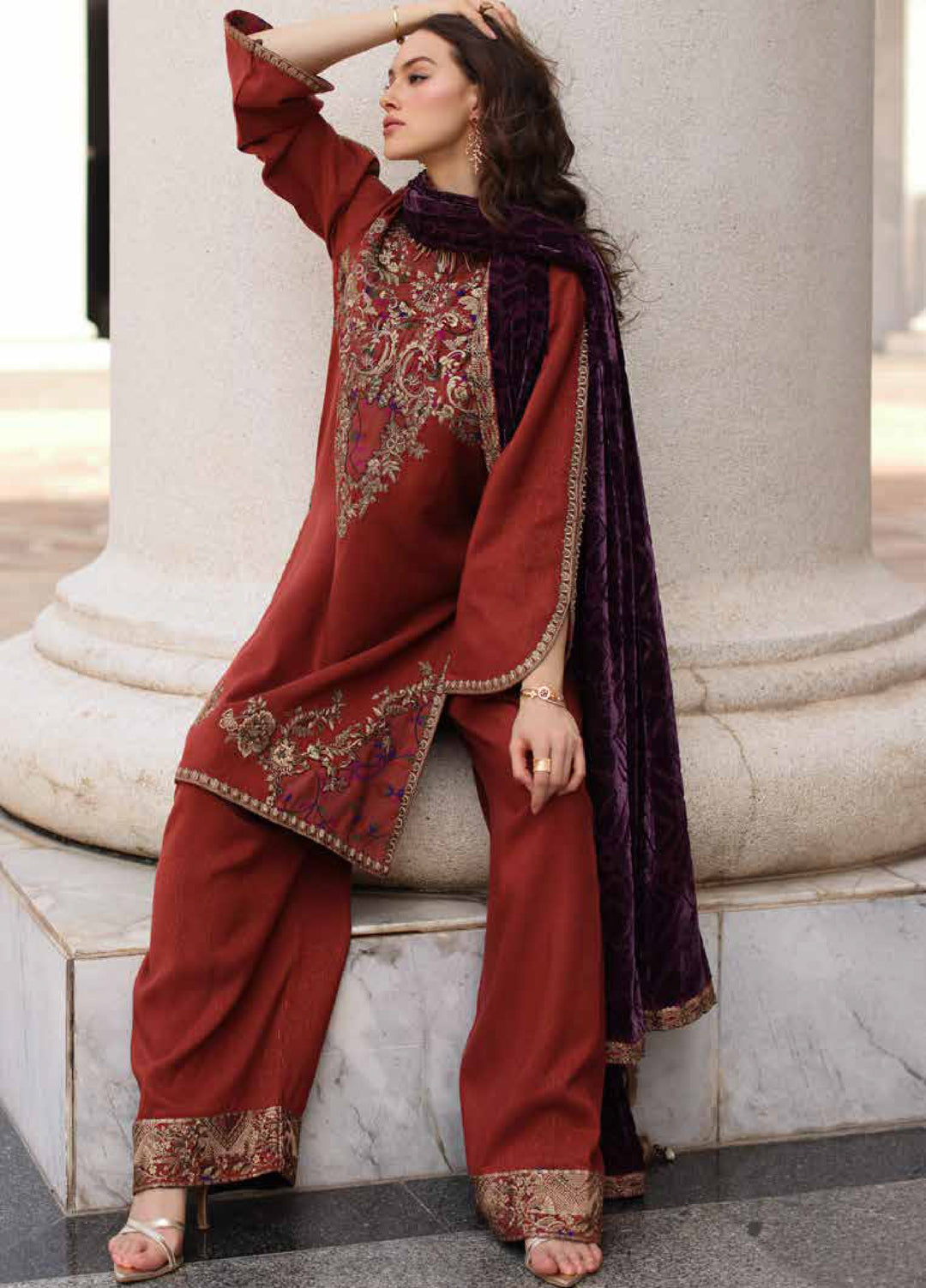 Poshima by Charizma Unstitched Peach Leather Embroidered Suit with Velvet Shawl 3 Piece CRZ25LW PSW5-22 - Winter Collection