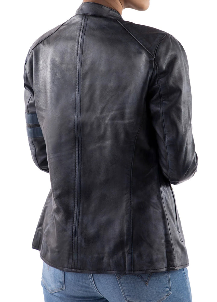 Jild Bomber Jacket Solids Distressed Racer Vintage Leather Jacket Women Blue - Winter Collection