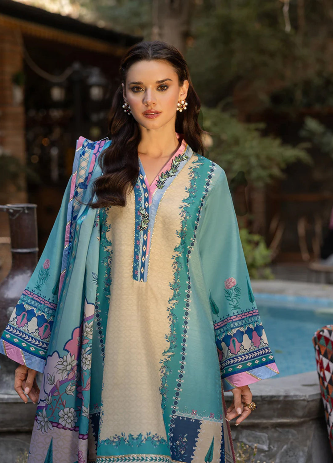 Mushq Hemline Echoes Of Serneity Unstitched Festive Raw Silk Printed 3 Piece MQ25ES D-07 Seraphic Dust - Festive Collection