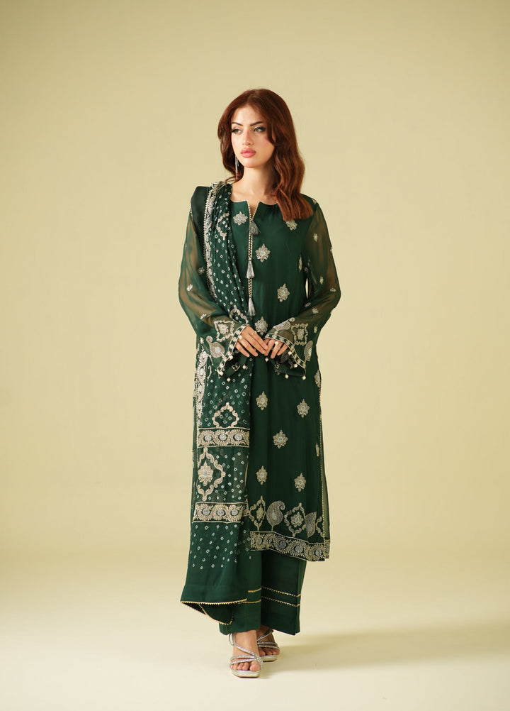 Satrang by Zouj Unstitched Chunri Chiffon Embroidered Suits 3 Piece ZJ25SC ZJCH-0030 Dark Green - Festive Collection