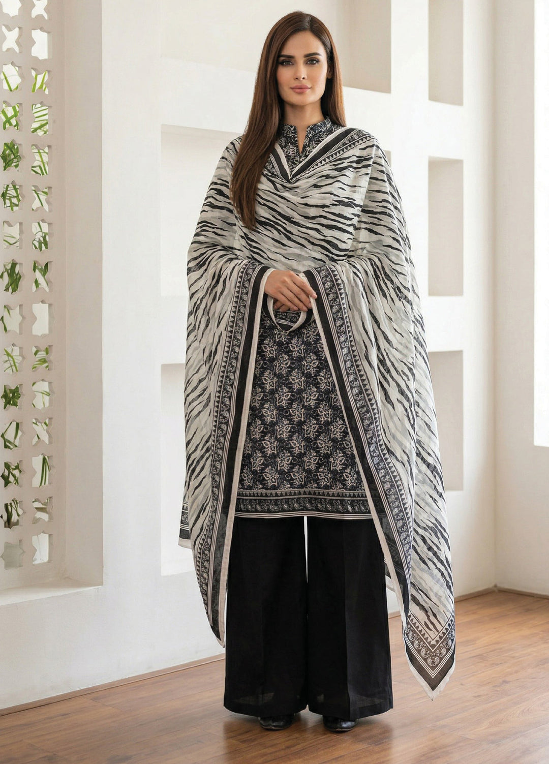 Black N White by Regalia Textiles Unstitched Printed Lawn 3 Piece Suit RG26ULBW D7 - Casual Collection