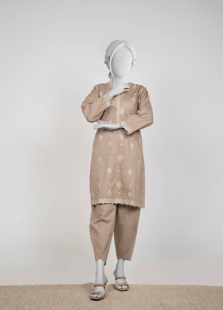 Ayla Studio Women Pret Chambray Solid Embroidered 2-Piece RTW Mushroom Beige - Winter Collection