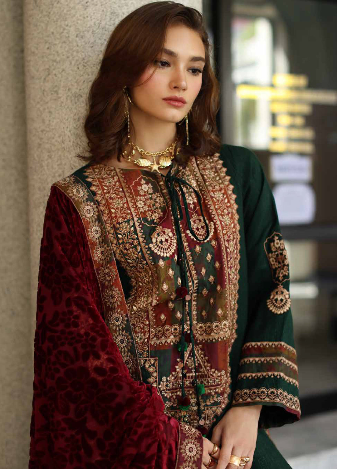 Poshima by Charizma Unstitched Peach Leather Embroidered Suit with Velvet Shawl 3 Piece CRZ25LW PSW5-17 - Winter Collection