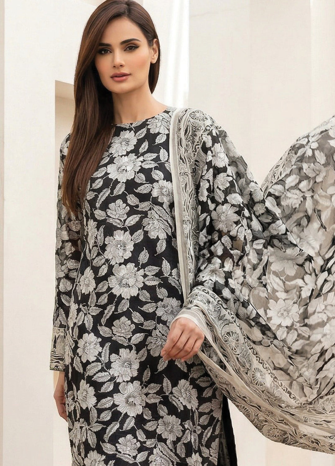 Black N White by Regalia Textiles Unstitched Printed Lawn 3 Piece Suit RG26ULBW D8 - Casual Collection