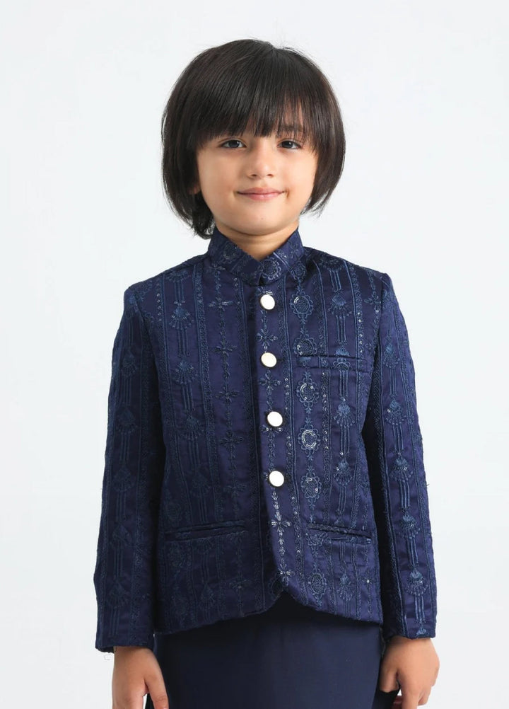 Muraqsh Ready To Wear Cotton Boys Navy Blue Kurta Trouser with Sequin Embroidered Prince Coat ABD-ASB3S - Summer Collection