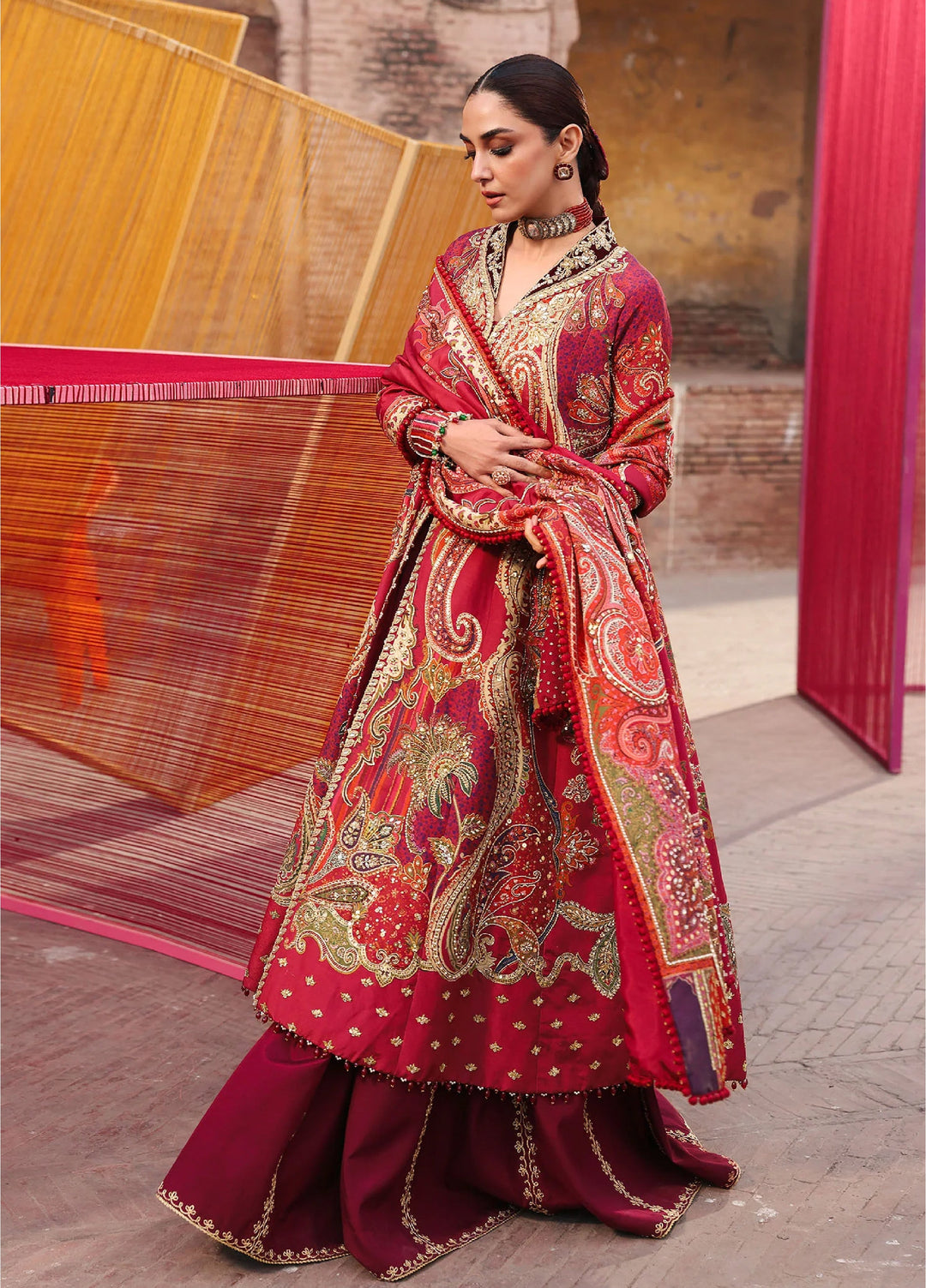 Crimson Unstitched Embroidered Silk 3 Piece Suit CR26UW D-1 Damini Scarlet - Festive Collection