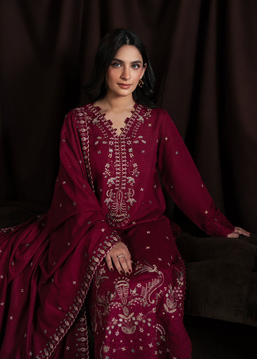 Neeshay Winter Reverie Unstitched Karandi Embroidered Suits 3 Piece NSH25WR Merlot - Winter Collection