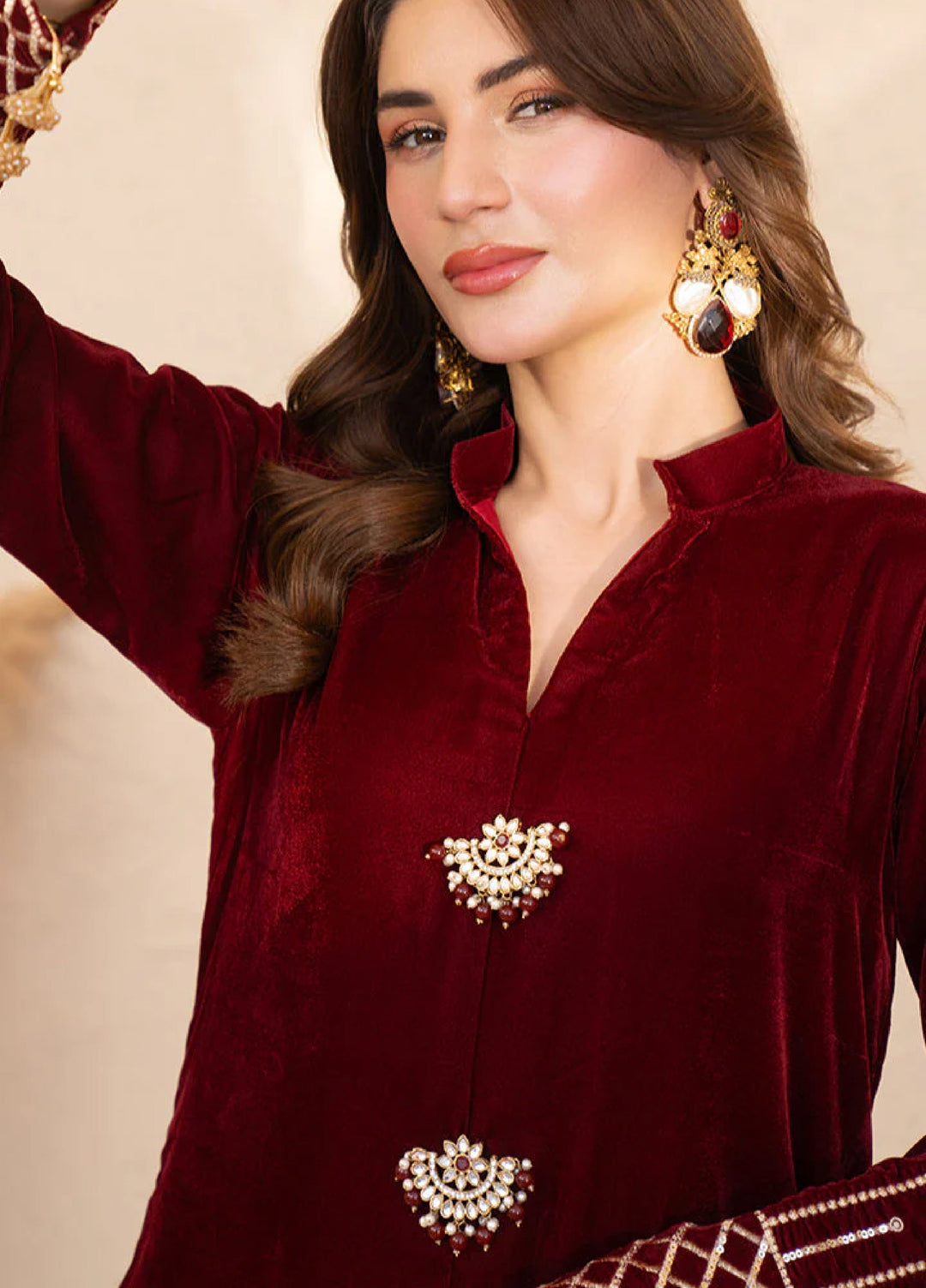 Winter Hues by Naayas Women Pret Embroidered Kaftan Velvet Ambery - Winter Collection