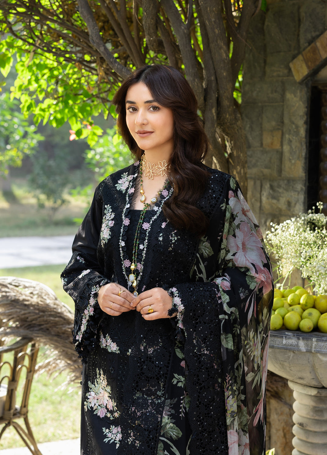 Elaf Premium Unstitched Embroidered Luxury Lawn 3 Piece Suit EL26UPL ELY-2B MIDNIGHT BLOSSOM - Summer Collection