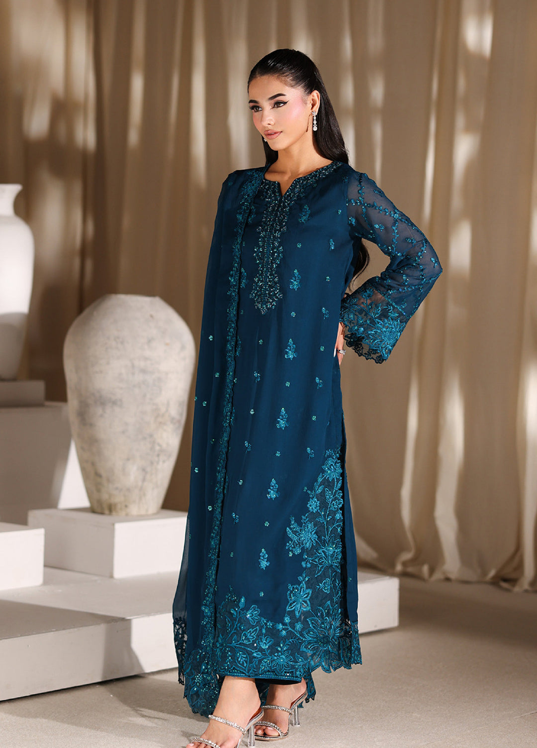 Azure Unstitched Embroidered Chiffon 3 Piece Suit AZ26ULC Majestic Teal - Festive Collection