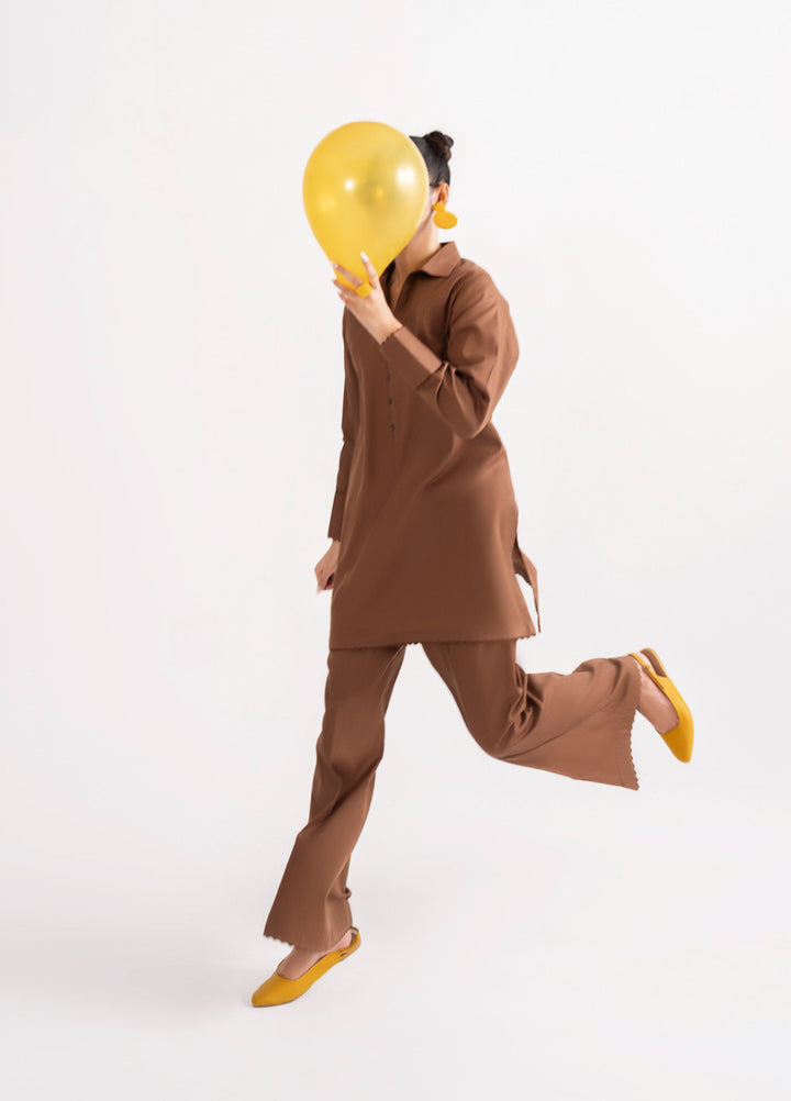 Like a Bird by Casuallite Women Pret Linen Solids Suits 2 Piece D-2 Cocoa Edge - Winter Collection