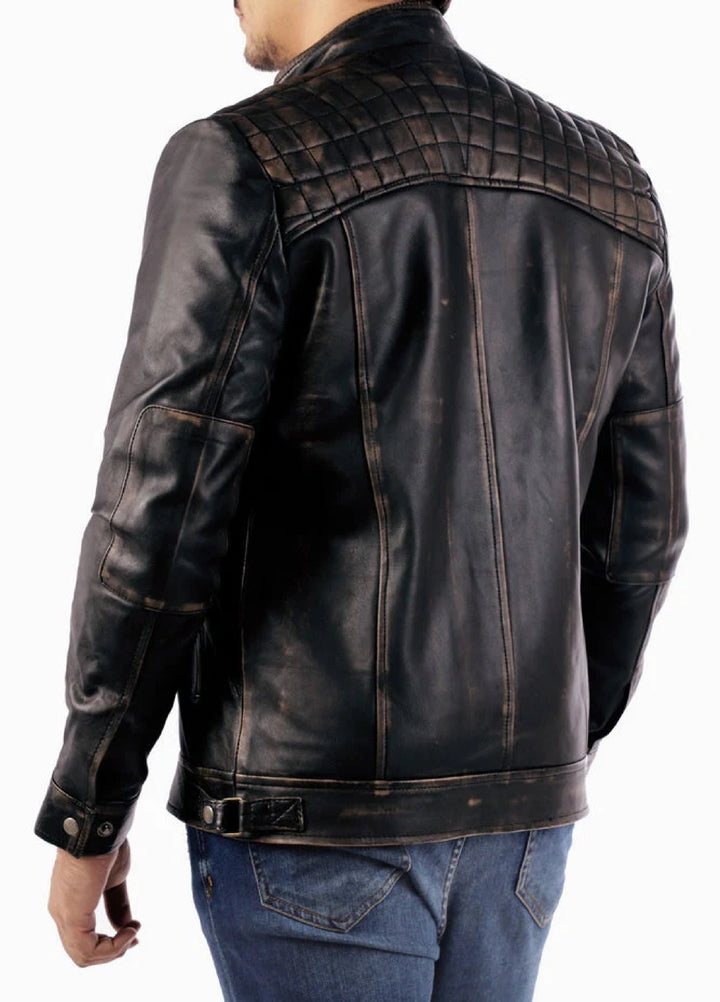 Men's Casual Signature Diamond Lambskin Leather Jacket-Vintage Black