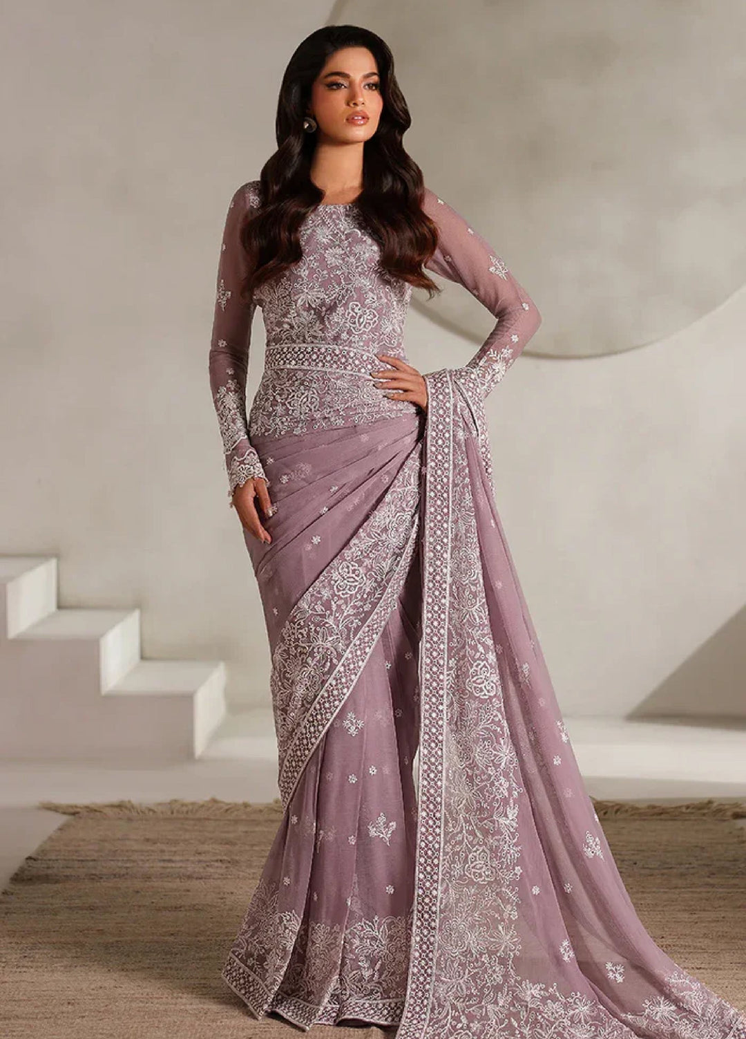 Zarif Women Unstitched Embroidered Chiffon Saree ZR26UFC ZE-MT-05 Niora - Festive Collection