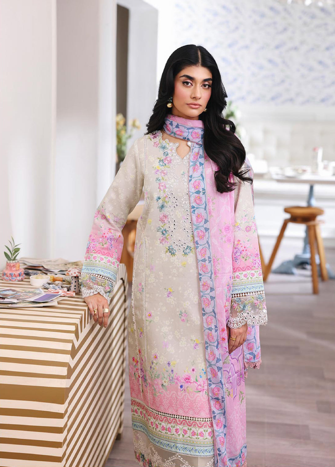 Nissa Floral Symphony by Rajbari Unstitched Lawn Embroidered 3 Piece Suit RB26UNF D-08 - Summer Collection