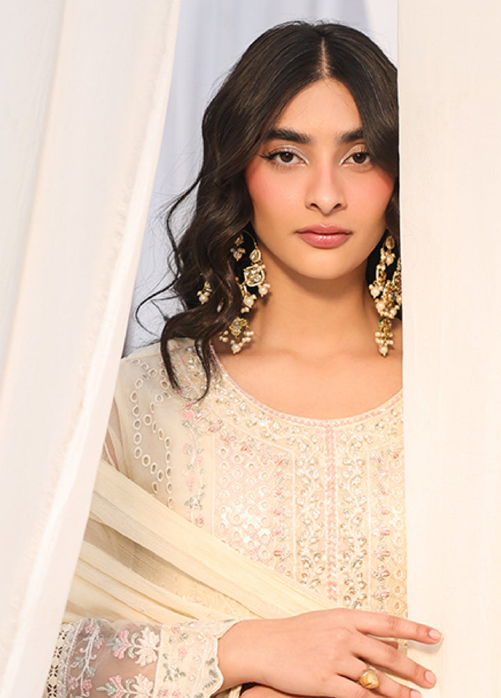 Lamhay by Shamooz Unstitched Embroidered Chiffon 3 Piece Suit SHM26UL Soft Ivory - Festive Collection