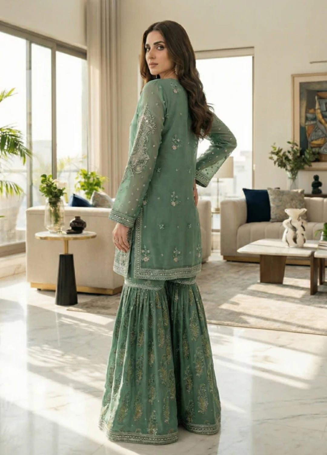 Essentials by Diara Couture Women Pret Embroidered Organza 3 Piece Suit Habiba DF-56 Green - Wedding Collection