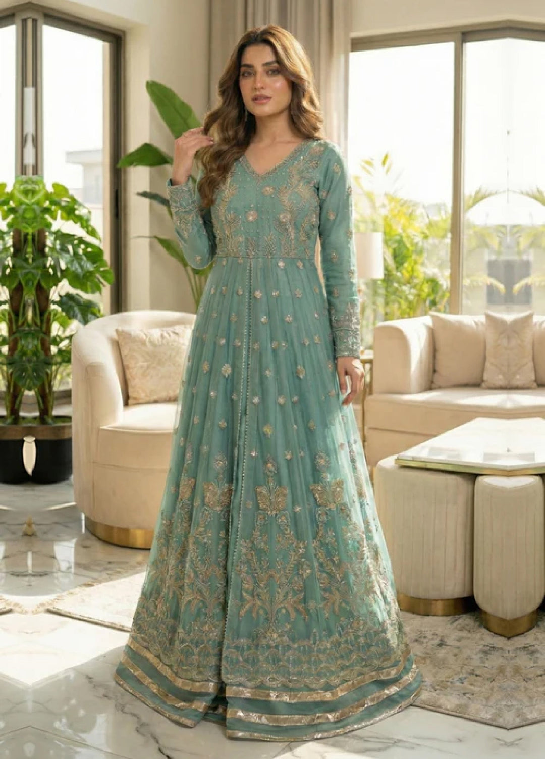 Essentials by Diara Couture Women Pret Embroidered Organza 3 Piece Suit Naranj US-510 Aqua - Wedding Collection